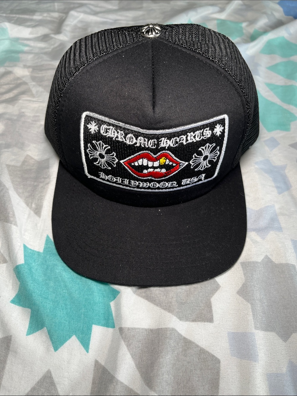Chrome Hearts Black Trucker Hat with Lip Patch Accent